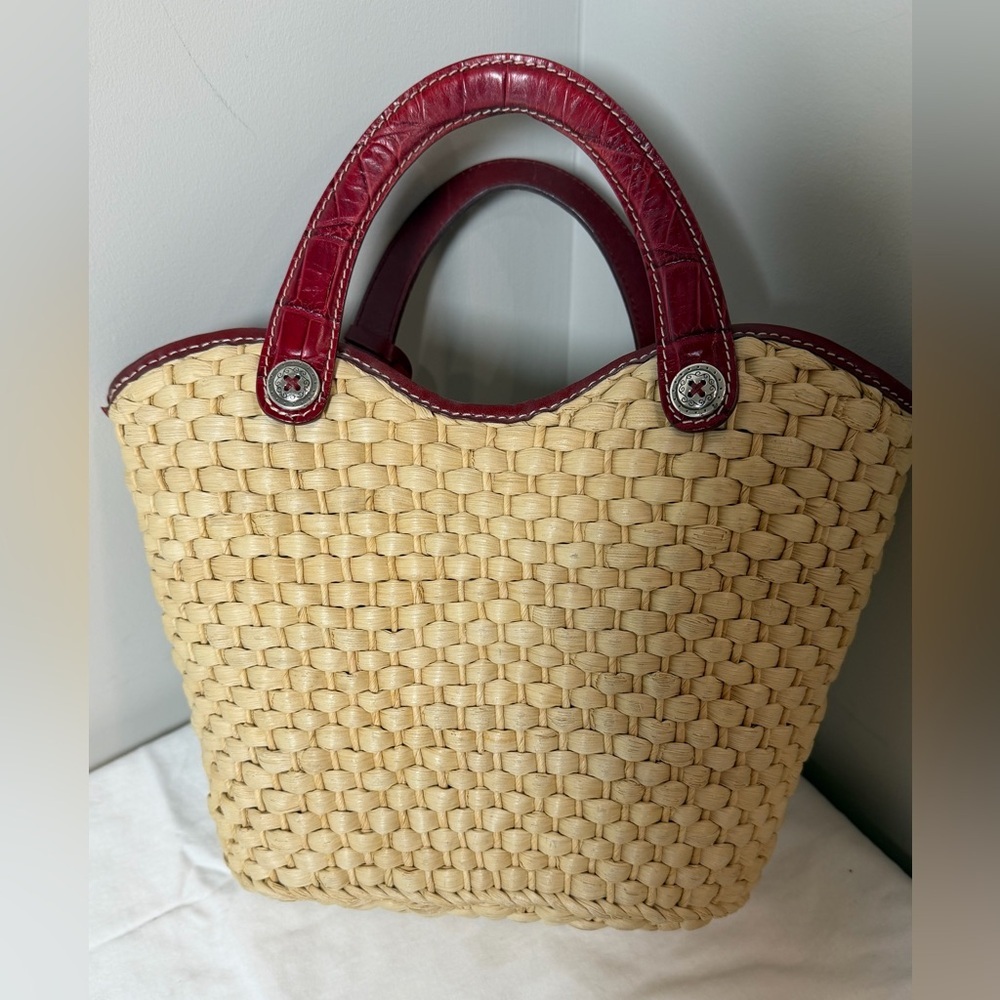 Brighton Beverly Straw Tote Handbag Stylish Woven Tote with Red Leather Accents - Picture 11 of 12